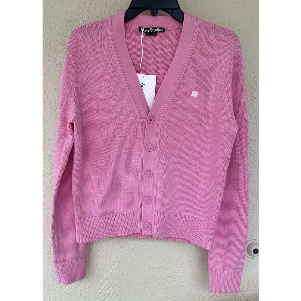 NWT Acne Studios Keven Face Patch Cotton V-Neck Cardigan Cameo Pink Size XS